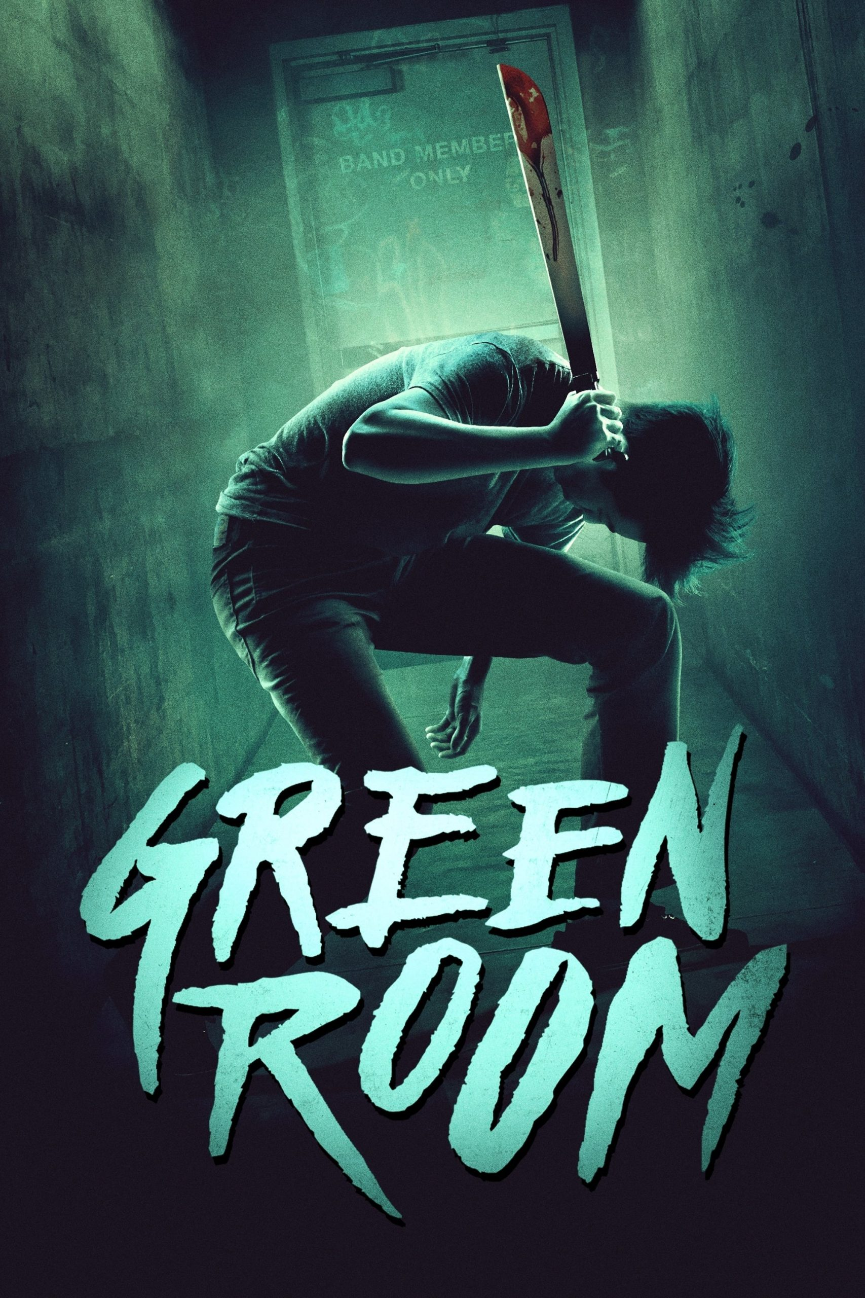 Man doubled-over in hall holding bloody machete in the air with the text "Green Room" underneath.
