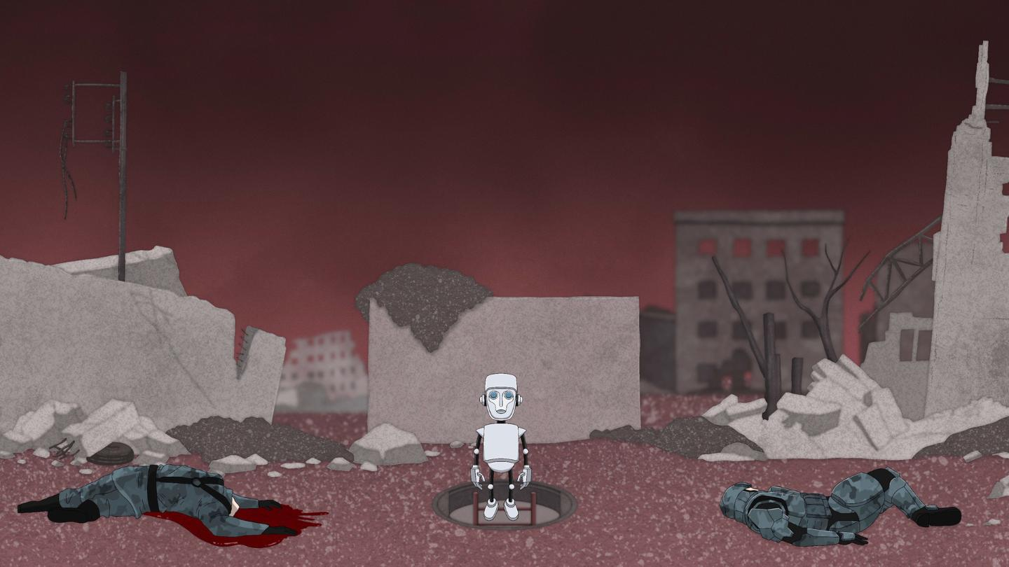 A robot rising from a manhole in a post-apocalyptic wasteland.