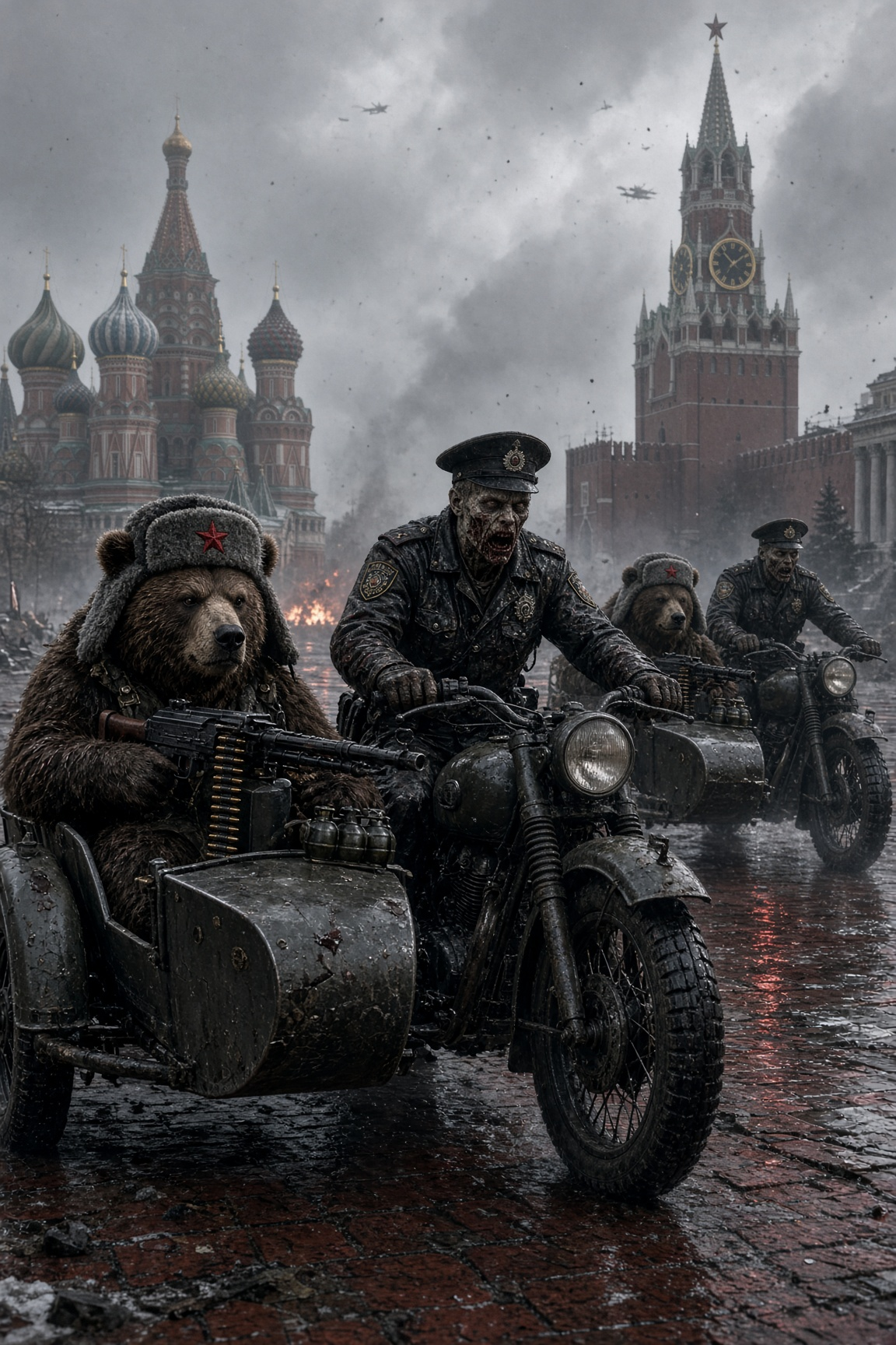 Motorcycle Cops in Red Square with Kodiak Bears in Ushankas in the sidecars, with machine guns.