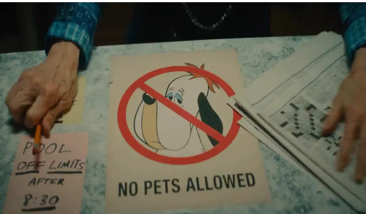 "No Pets Allowed" with Droopy Dog crossed out.